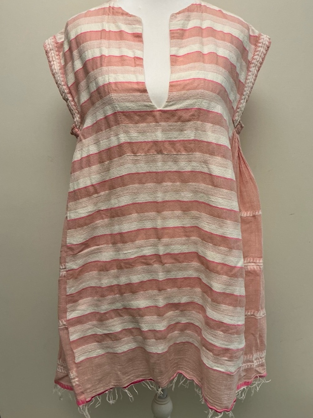 Lemlem Pink & White Striped V-Neck Swim Coverup